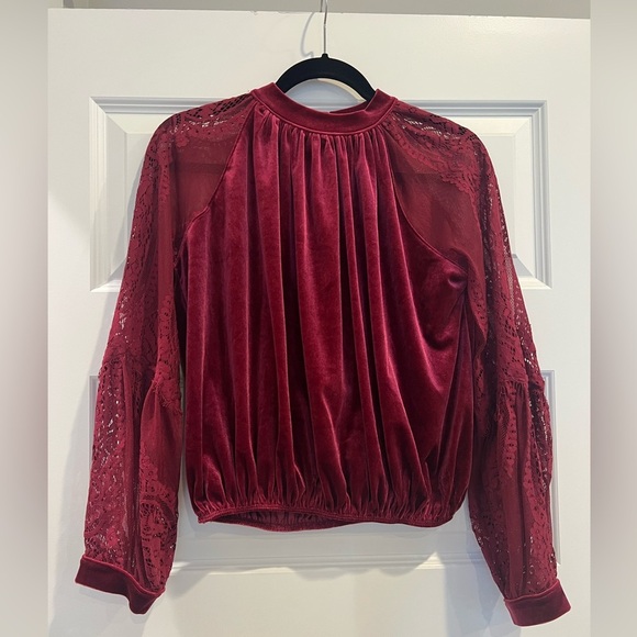 FREE PEOPLE Red/Raspberry Lace Balloon Sleeve Velvet Top Size XS EUC - Picture 1 of 6